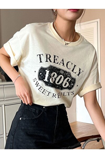 Adrift Ženska krem majica Treacly 1806 Štampano Oversize kroj okrugla kragna