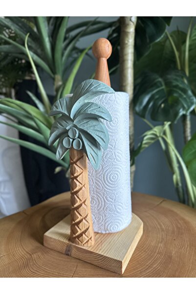 odka Wooden Carved Napkin Holder Paper Roll Towel Holder Palm Tree Patterned Mint Green