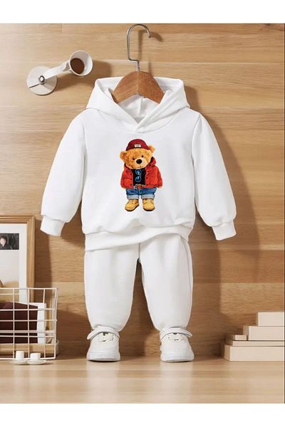 Afternoon Kids Σετ αθλητικής φόρμας Boy's White Hooded Model Bear με στάμπα
