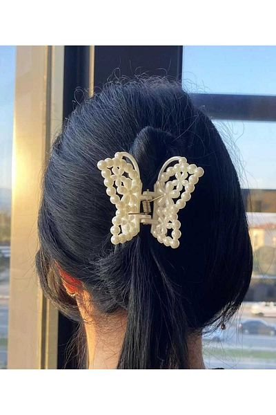 Pudraksesuar Cream Color Pearled Butterfly Figure Latch Buckle