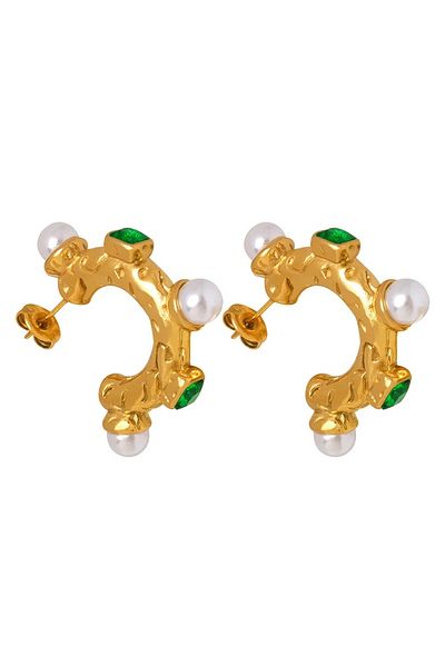 neslyaccessories حلق من الفولاذ المقاوم للصدأ مزين باللؤلؤ والحجر الأخضر (2.7 سم)