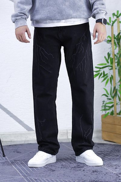 WAFRA Men's Black Baggy Lightning Patterned Loose Cut Jeans