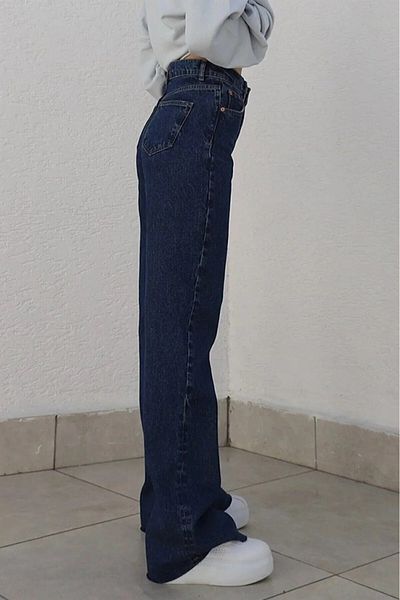 geenz manifacture Salaha Navy Blue Power Lycra, volné džínové kalhoty Palazzo se super vysokým pasem