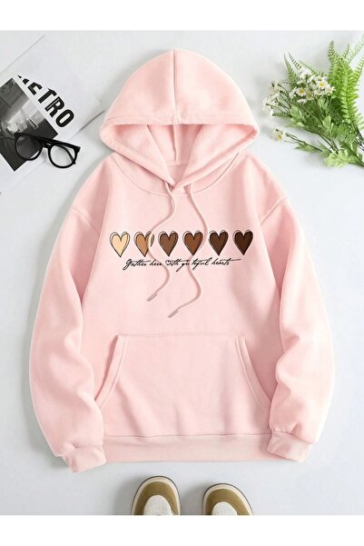 over head oh Hanorac de damă, roz cu mai multe inimi, cu imprimeu supradimens...