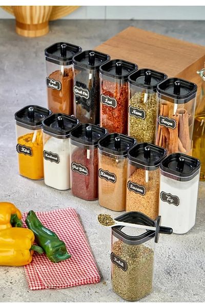 ŞAKİLATA CONCEPT 12-Piece Mica Spice Bowl Set with Lid, Spoon and Label 300 ml Acrylic Spice Set