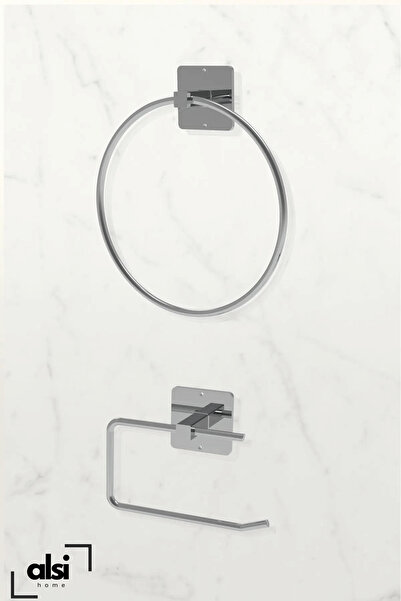ALSİ HOME Yapışkanlı Gümüş Wc Kağıtlık ve Çember Havluluk Banyo Mutfak 2'li Set