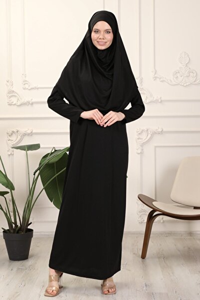 Transacoustic Siyah Tek Parça Kolay Kullanımlı Kendiliğinden Başörtülü Namaz Elbisesi