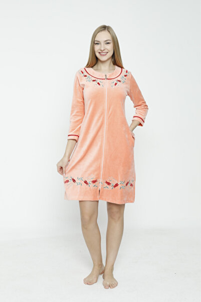 İntensive women's embroidery detailed zipper pocket cotton velvet dress