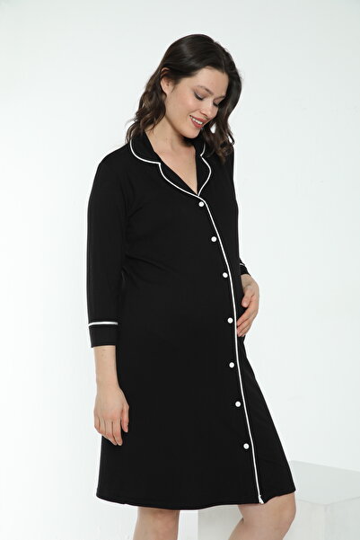 Miss Dünya Lissa Siyah Gömlek Yaka Önden Düğmeli Hamile ve Lohusa Gecelik