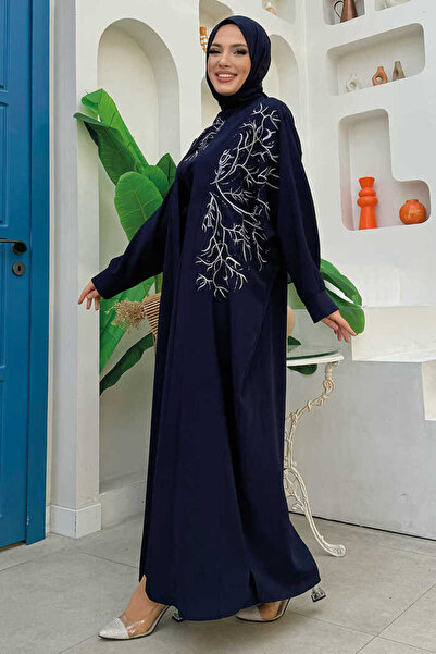 Bym Fashion Embroidered Detailed Abaya and Dress Set 8486 Navy Blue