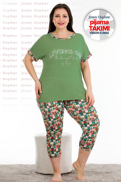 Jenny Daphne Plus Size Patterned Short Sleeve Viscose Fabric Capri Pajamas Set Lady-10678