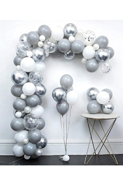 TATLI GÜNLER 60 Pieces Balloon Chain Set (grey, Chrome Silver, Metallic White, Transparent Balloon and 1 Pk Silver Balloon Sequin)