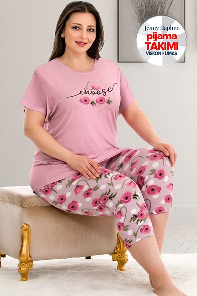 Jenny Daphne Plus Size Patterned Short Sleeve Viscose Fabric Capri Pajamas Set Lady-10681