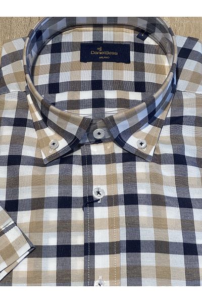 Daniel Bessi Κοντομάνικο κανονική εφαρμογή μπεζ καρό Navy Blue Classic ανδρικό πουκάμισο με τσέπες