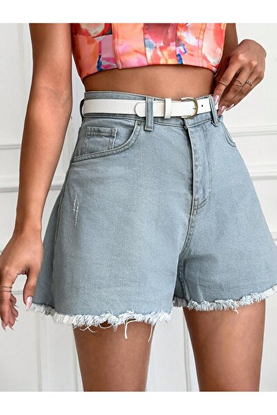 Swet Shop Jeans Γυναικείο τζιν σορτς με ψηλόμεσο μπλε φούντα