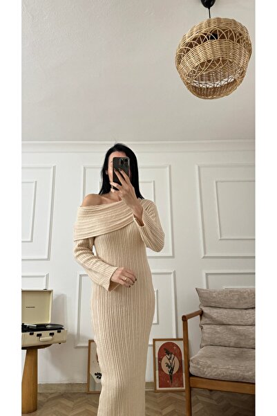 HARMONY GLOBAL Γυναικείο μακρύ πλεκτό φόρεμα με γιακά Madonna Off-the-Shoulder