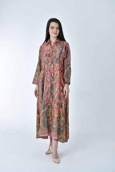 Gezgin tekstil ve aksesuar Long Ethnic Patterned Comfortable Cut Silk Dress (LONG ETHNIC PATTERNED COMFORTABLE CUT SILK DRESS)