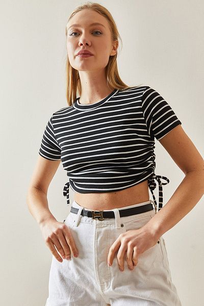 XHAN Black Crew Neck Striped & Gathered Camisole T-Shirt 4KXK1-47902-02