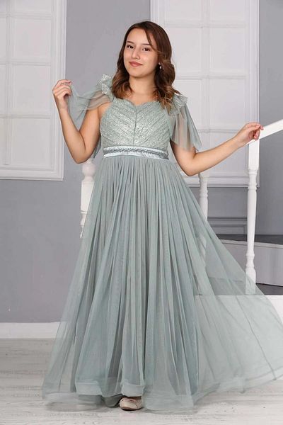 Wild Flower Girl's Shoulder Tulle Detailed Long Evening Dress Wedding and Wedding Outfit