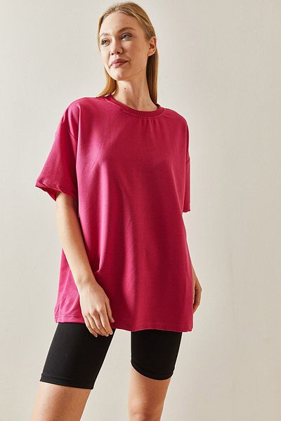 XHAN Fuchsia Oversize Basic T-Shirt 3YXK1-47087-07