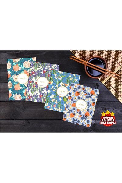 Egenis Copertă rigidă din pânză, 160 de coli, 14x20 cm, set de 4 caiete cu rigle