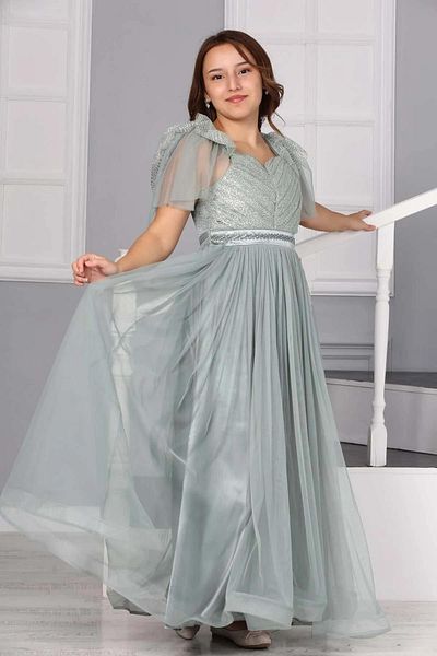 Wild Flower Girl's Shoulder Tulle Detailed Long Evening Dress Wedding and Wedding Outfit