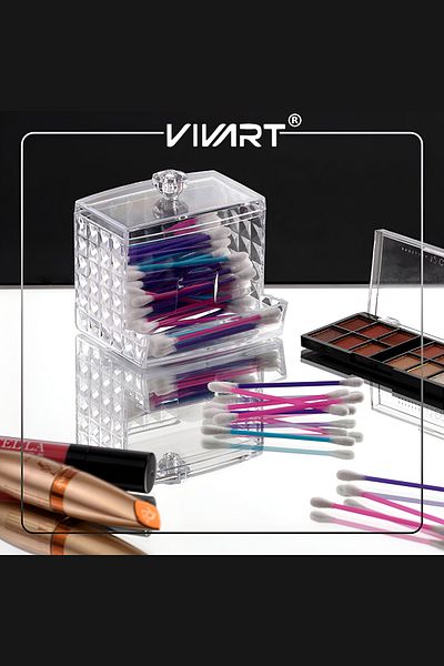 Vivart Special Design Crystal Cotton Swab Organizer with Lid Ear Swab