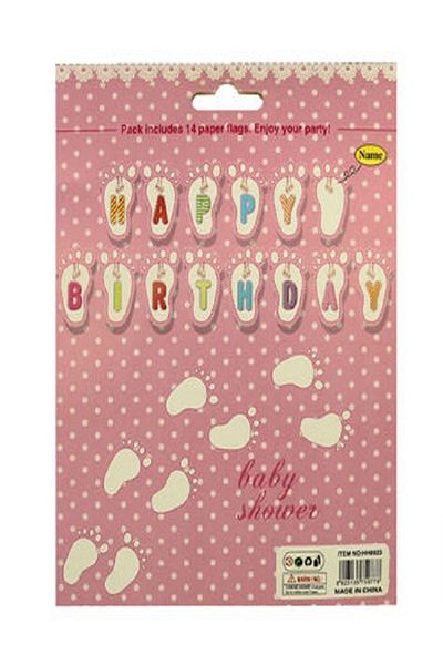 Kazanabil HAPPY BIRHDAY WRITTEN BABY FOOTPRINT FLAM FLAG PINK