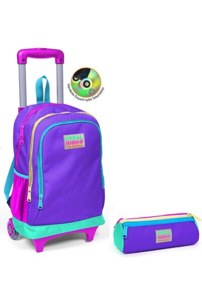 Coral High حقيبة مدرسية للبنات ذات عجلات باللون الأرجواني والأخضر المائي وحام...