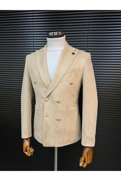 Terziayhan Beige velvet slimfit double-breasted jacket