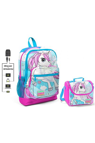 Coral High Blue Unicorn Printed School Bag and Lunch Box Set - Girl - With USB Socket