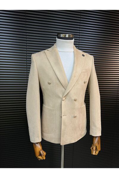 Terziayhan Beige velvet slimfit double-breasted jacket
