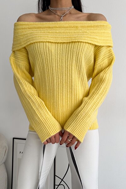 FEMELLE Women's Yellow Green Degaje Collar Ribbed Sweater