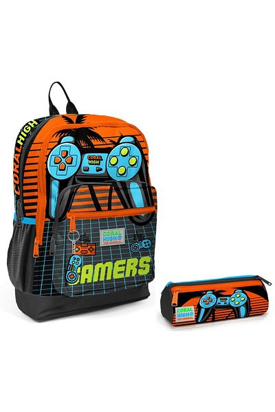 Coral High Orange Gamers Primary School Backpack and Pen Holder Set
