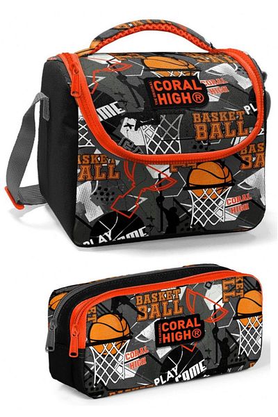Coral High Set cutie de prânz pentru băiat de baschet negru portocaliu