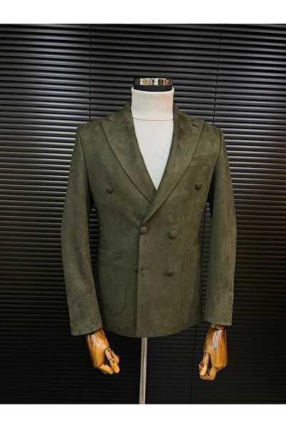 Terziayhan Khaki green velvet slimfit double-breasted jacket