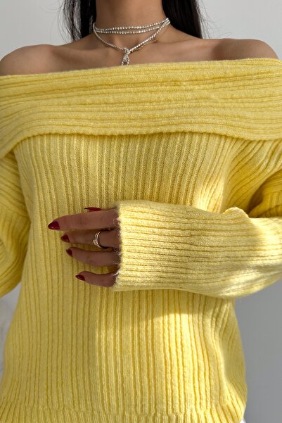 FEMELLE Women's Yellow Green Degaje Collar Ribbed Sweater