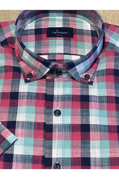 Daniel Bessi Κοντό μανίκι Regular Fit Τσέπη Φούξια καρό Navy Blue Classic Ανδρικό πουκάμισο