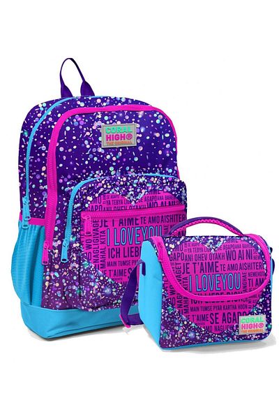 Coral High Set rucsac și geantă de prânz pentru școală primară inimă violet albastru - fetiță