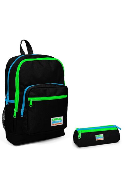 Coral High Set rucsac și suport stilou pentru școală elementară - negru, verde-albastru, cu fermoar