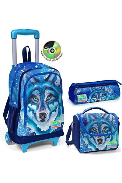 Coral High Mavi Kurt Çekçek Okul Çantası Seti - Işıklı Tekerlekler - Erkek Çocuk