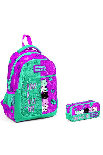 Yaygan Çanta Coral High Girl's Glittered Primary School Bag and Pen Holder Set - Cute Cats