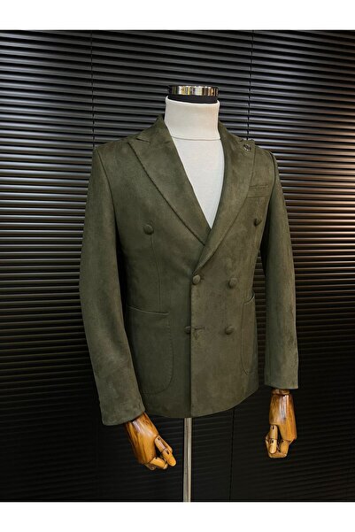 Terziayhan Khaki green velvet slimfit double-breasted jacket