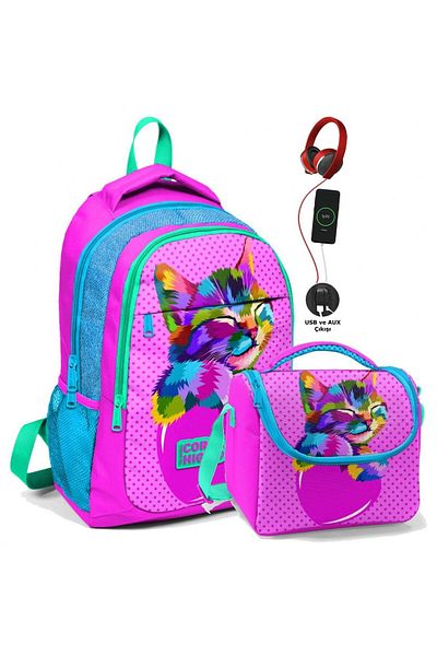Coral High Set cutie de prânz și școală primară și gimnazială - Pisică drăguță roz pentru fete - cu priză USB