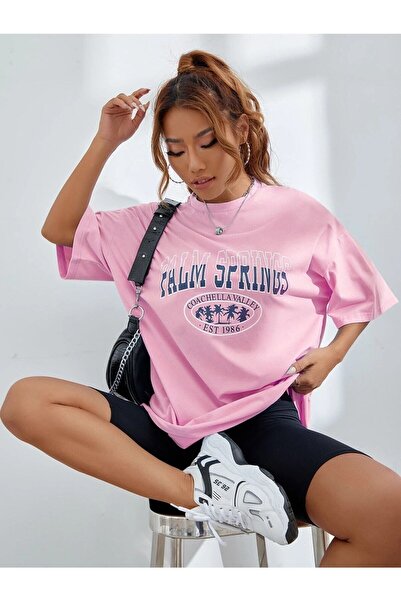 Adrift Tricou oversize cu imprimeu Palm Springs roz pudrat pentru damă