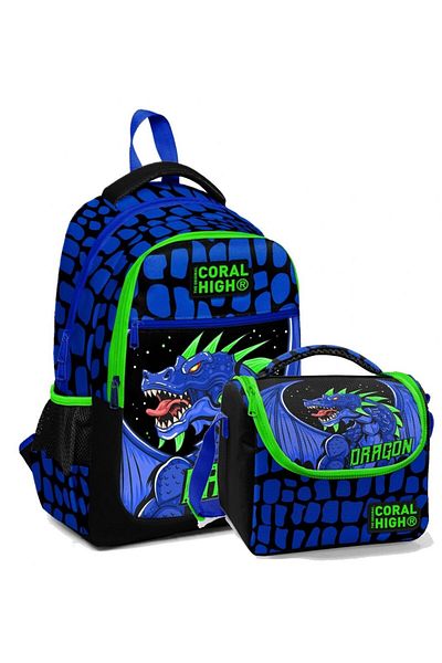 Coral High Set rucsac și geantă de prânz pentru școala primară - băiat, dragon albastru verde