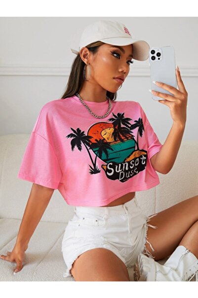 Adrift Ženska puder roza zalazak sunca Štampano Oversize kroj Skraćeni kroj