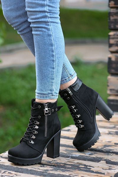 LEYDİ SHOES KCL-1005 Cizme cu toc cu platformă din piele intoarsa neagra