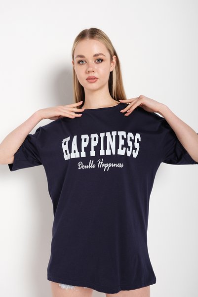 Adrift Ženska tamnoplava majica Happiness Štampano Oversize kroj