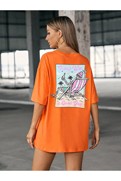 Tarzsokak Tricou oversize cu imprimeu portocaliu Today Was pentru femei